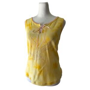 Vintage Y2K Lapis Yellow Tie Dye Studded Pink Butterfly Lace-Up Tank Top